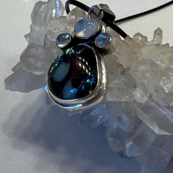 Moonstone and Dichroic Glass .925 Sterling Pendant - Picture 5 of 6